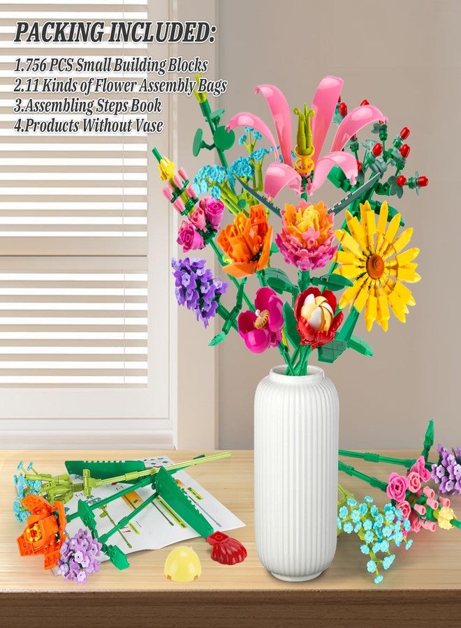 Linkowin 756 PCS Flower Bouquet Building Sets - 11 Kinds of Building Block Flowers, Botanical Collection Crafts Set for Home Office Decoration, Valentines Day for Adults Girl, No Vase - Image 2